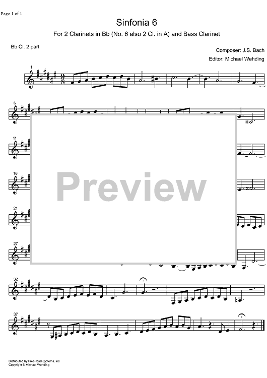 Three Part Sinfonia No. 6 BWV 792 E Major - B-flat Clarinet 2