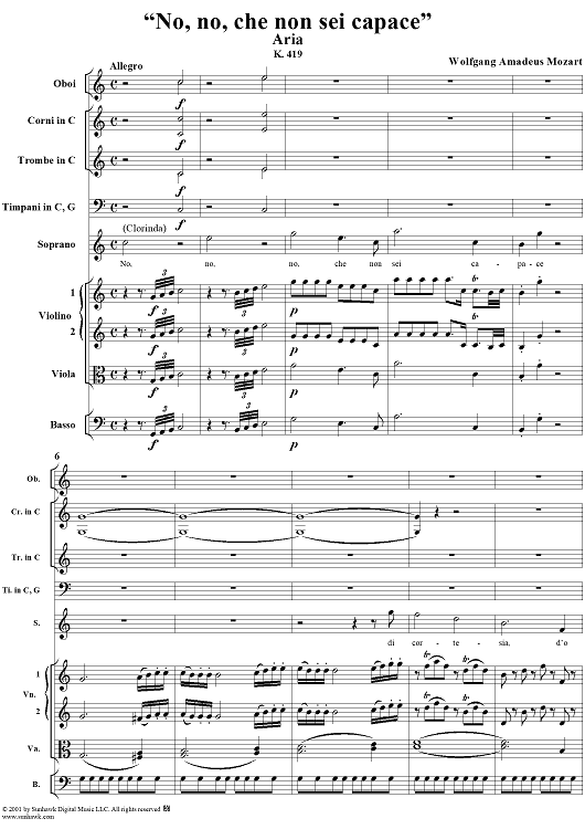 Aria for Soprano and Orchestra: "No, no, che non sei capace", K. 419 - Full Score