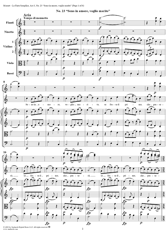 "Sono in amore, voglio marito", No. 23 from "La Finta Semplice", Act 3, K46a (K51) - Full Score