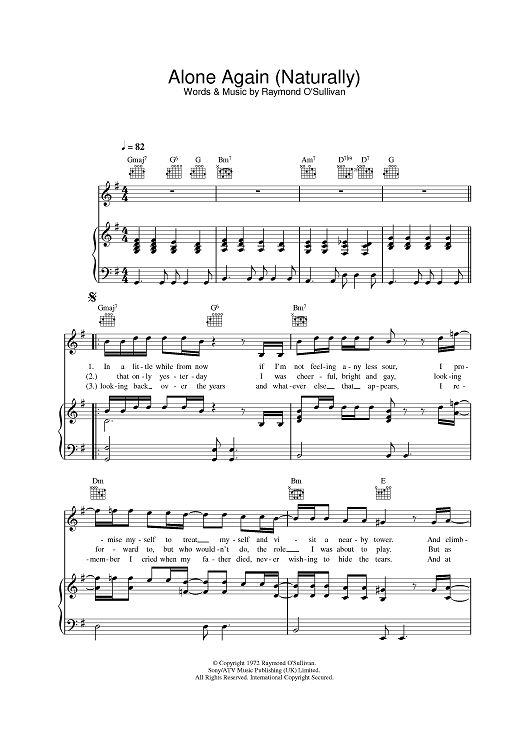 Alone Again (naturally) by Gilbert O'Sullivan - Piano, Vocal, Guitar -  Digital Sheet Music