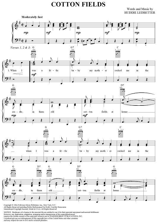 Cotton Fields" Sheet Music by Creedence Clearwater Revival for Piano
