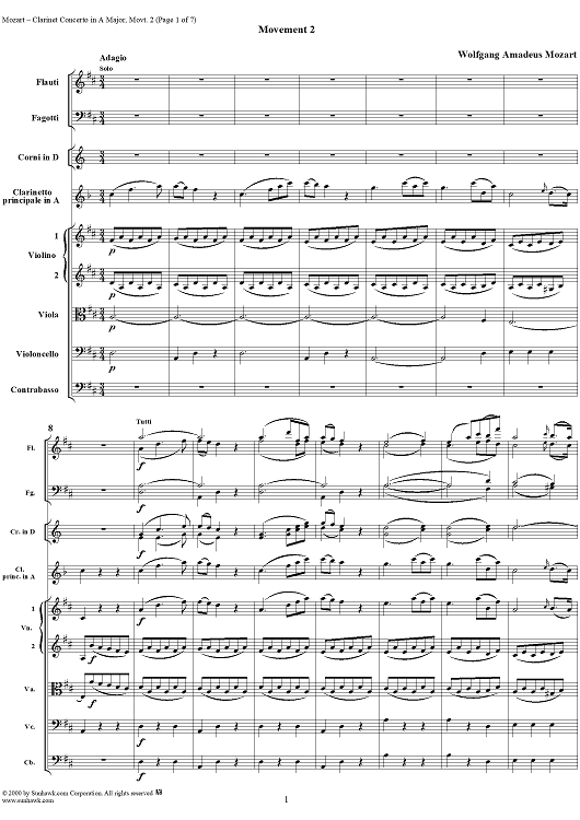 Clarinet Concerto in A Major, K622 - Movement 2 - Full Score