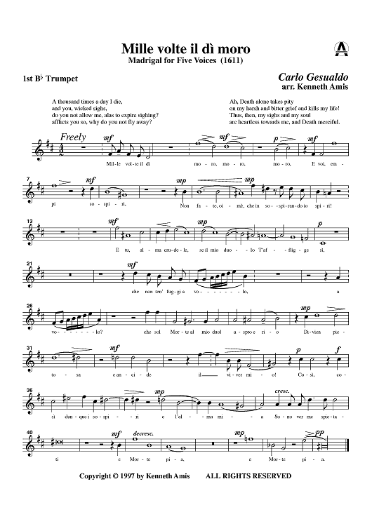 Mille volte il dì moro - Trumpet 1 in B-flat and C