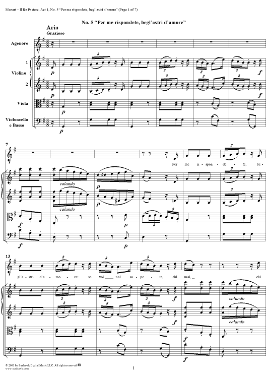 Per me rispondete begl'astri d'amore, No. 5 from "Il Re Pastore", Act 1 (K208) - Full Score