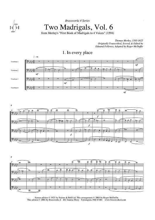 Two Madrigals, Vol. 6 - from Morley's "First Book of Madrigals to 4 Voices" (1594) - Score