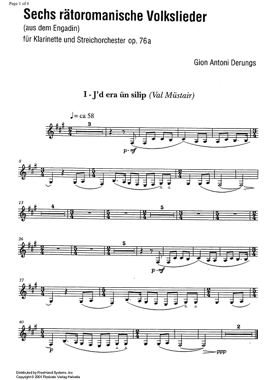 6 rätoromancische Volkslieder Op.76a - Clarinet in B-flat