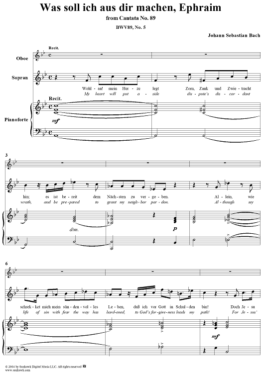"Gerechter Gott, ach, rechnest du", Aria, No. 5 from Cantata No. 89: "Was soll ich aus dir machen, Ephraim?" - Piano Score