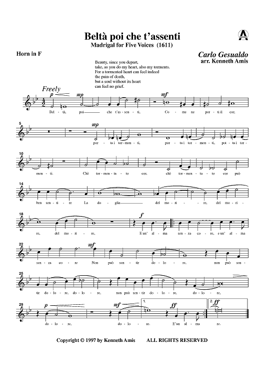 Beltà poi che t'assenti - Horn in F