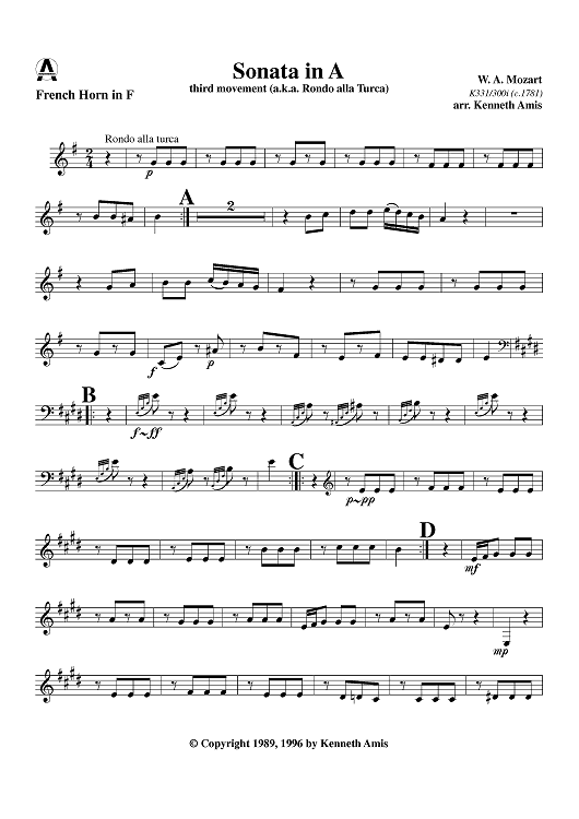 Rondo alla turca (Sonata in A, mvmt. 3) - Horn in F