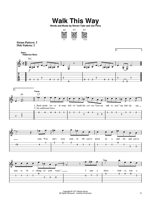 Walk This Way" Sheet Music by Aerosmith; RunD.M.C. for Easy Guitar Tab Sheet Music Now