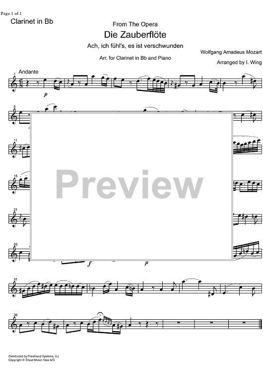 Ach, Ich fühl's, es ist Verschwunden from Die Zauberflöte KV620 - Clarinet in B-flat