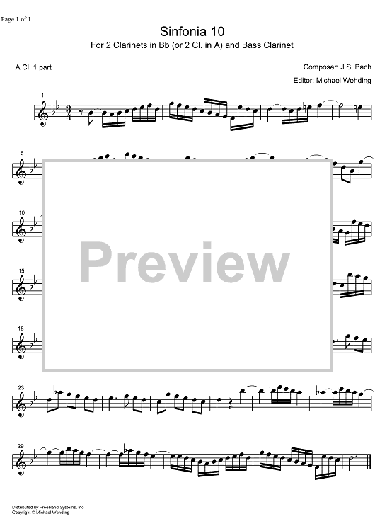 Three Part Sinfonia No.10 BWV 796 G Major - A Clarinet 1