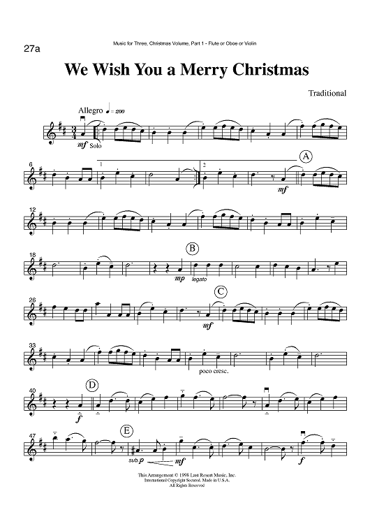 We Wish You a Merry Christmas - Part 1 Flute, Oboe or Violin