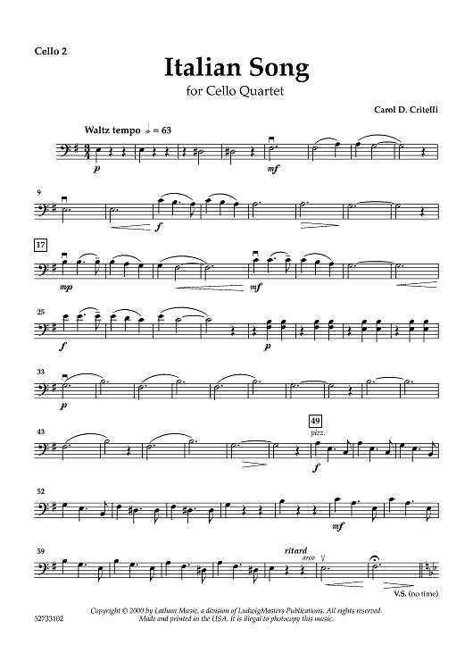 Italian Song for Cello Quartet - Cello 2