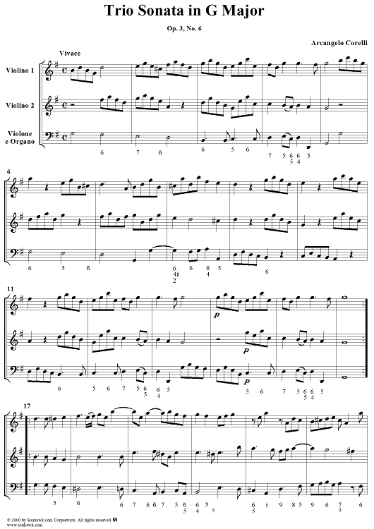 Trio Sonata in G Major, Op. 3, No. 6 - Score