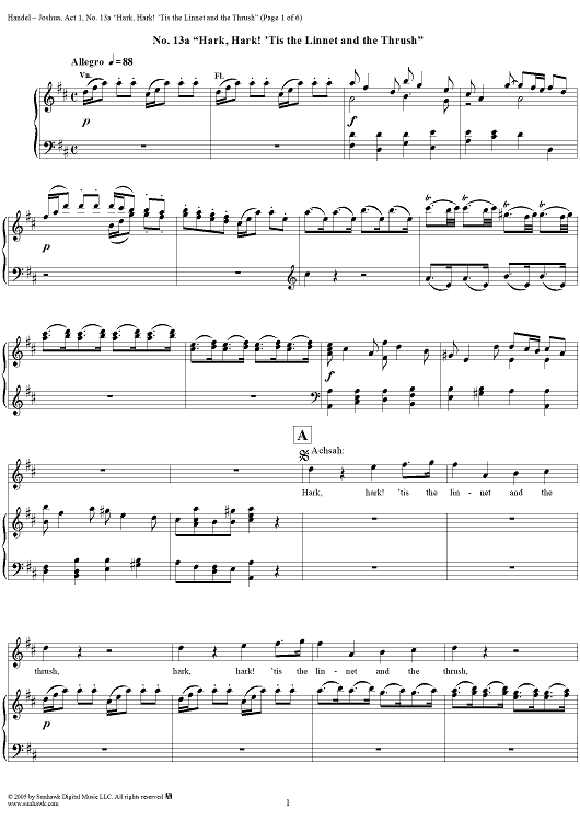 Joshua, Act 1, No. 13a "Hark, hark! 'tis the linnet and the thrush"