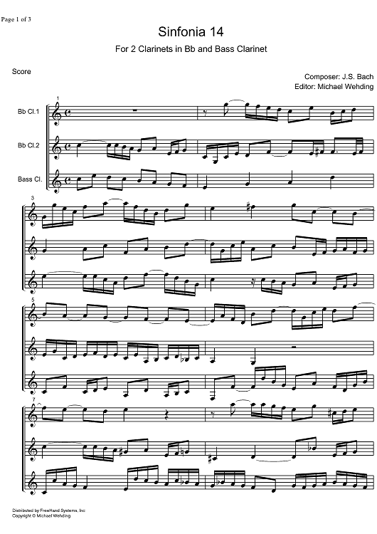 Three Part Sinfonia No.14 BWV 800 Bb Major - Score