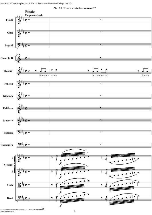 "Dove avete la creanza?", No. 11 from "La Finta Semplice", Act 1, K46a (K51) - Full Score