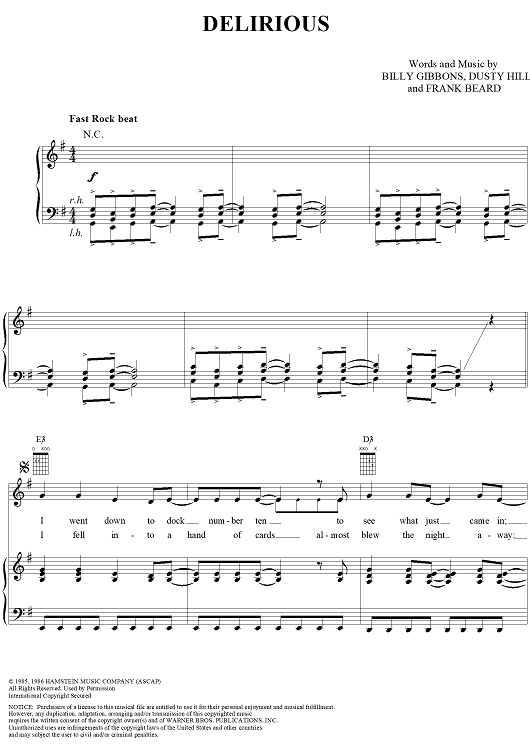 Delirious" Sheet Music by ZZ Top for Piano/Vocal/Chords Sheet Music Now