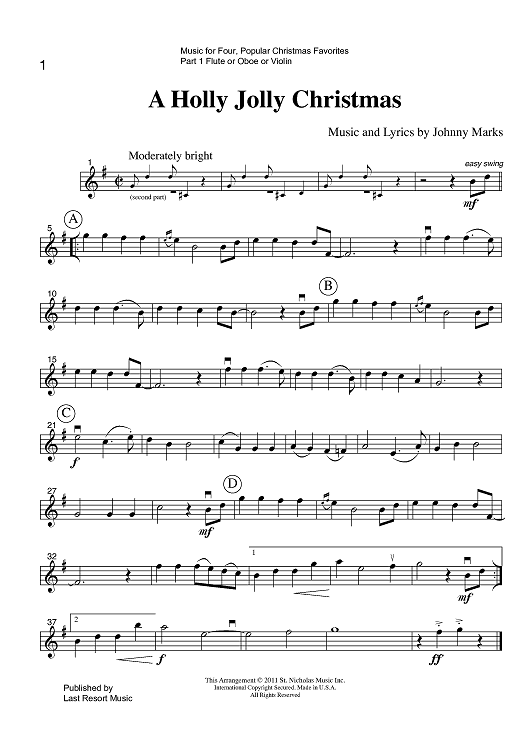 Music for Four, Collection No. 1 - Popular Christmas Favorites - Part 1 Flute, Oboe or Violin
