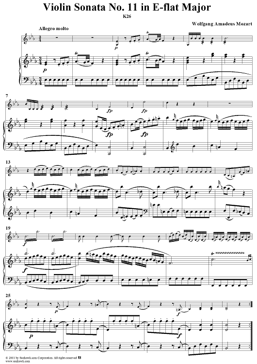 Violin Sonata No. 11 in E-flat Major, K26 - Piano Score