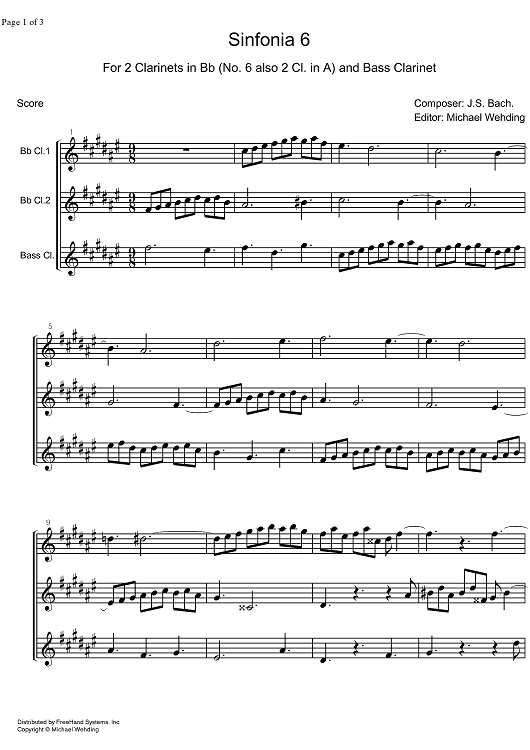 Three Part Sinfonia No. 6 BWV 792 E Major - Score