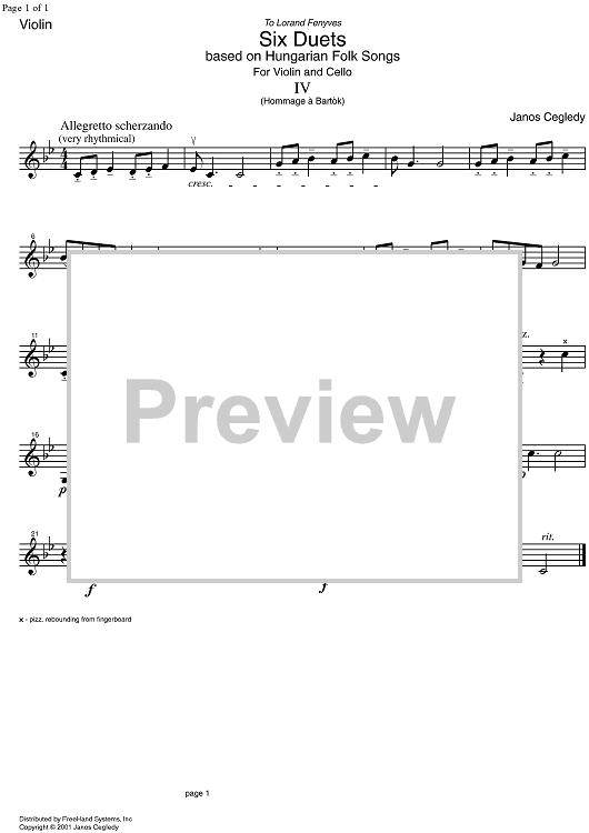 Duet No. 4 from 6 duets based on Hungarian Folk Songs - Violin