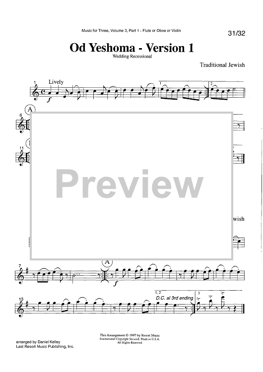 Od Yeshoma - Versions I & 2 - Wedding Recessional - Part 1 Flute, Oboe or Violin