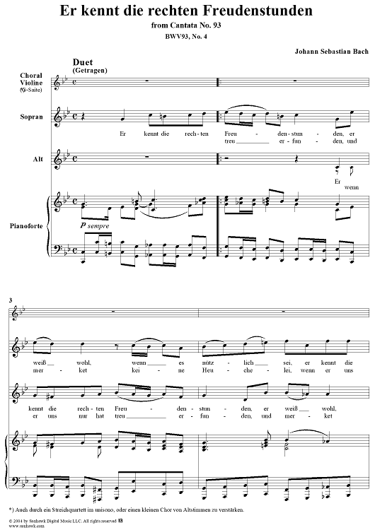 "Er kennt die rechten Freudenstunden", Duet, No. 4 from Cantata No. 93: "Wer nur den lieben Gott lässt walten" - Piano Score