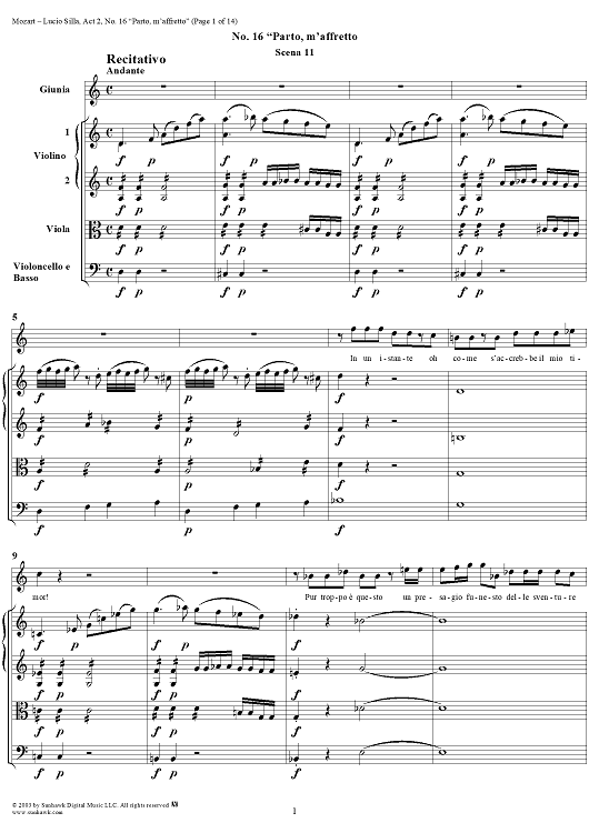Recitative and Aria: Parto, m'affretto, No. 16 from "Lucio Silla", Act 2 - Full Score