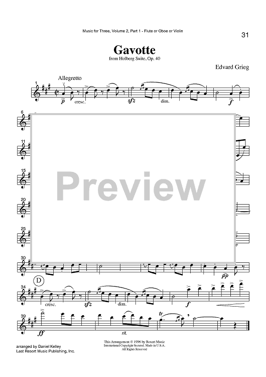 Gavotte - from Holberg Suite, Op. 40 - Part 1 Flute, Oboe or Violin