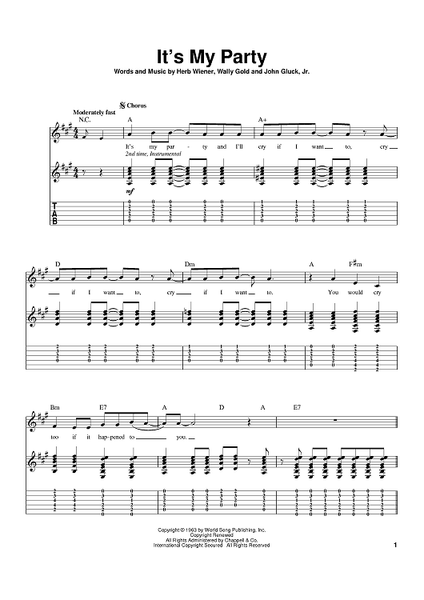 It's My Party" Sheet Music by Lesley Gore for Guitar Tab
