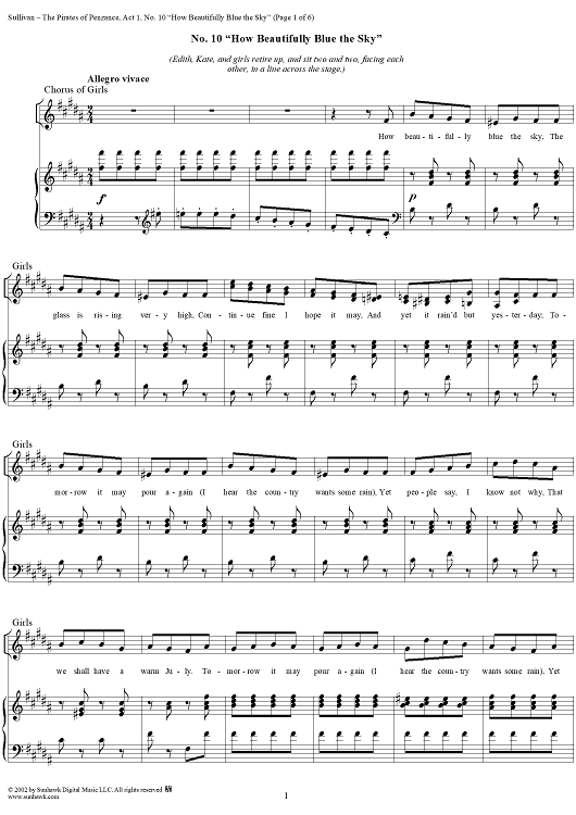 The Pirates of Penzance - Act I, No. 10: How beautifully blue the sky - Vocal Score