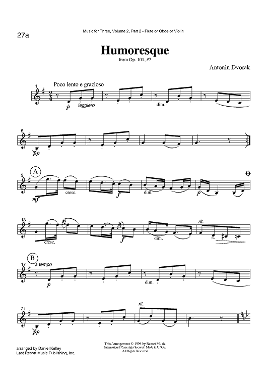 Humoresque - from Op. 101 #7 - Part 2 Flute, Oboe or Violin