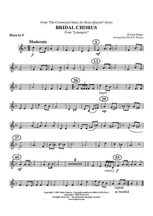 Bridal Chorus - Horn in F (plus optional part for Trombone)