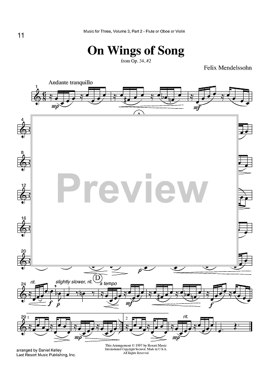 On Wings of Song - from Op. 34, #2 - Part 2 Flute, Oboe or Violin