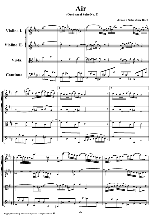 Air on the G String (from Orchestral Suite No. 3 in D Major) - Score