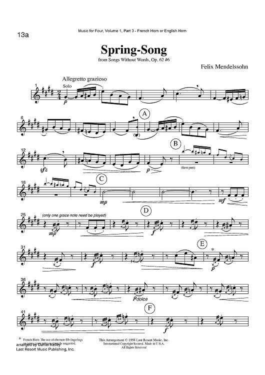 Spring-Song - from Songs Without Words, Op. 62 #6 - Part 3 Horn or English Horn in F