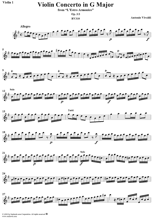 Violin Concerto in G Major    - from "L'Estro Armonico" - Op. 3/3  (RV310) - Violin 1