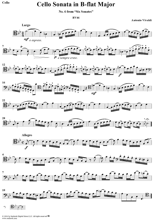 Celloquot;　RV46　Major,　B-flat　No.　in　for　Cello/Continuo/Piano　Now　Sheet　Sheet　Cello　Music　Sonata　Music