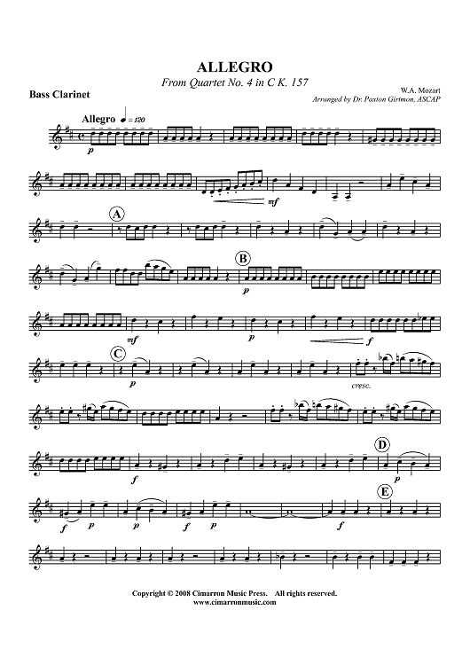 Allegro from Quartet No. 4 in C, K. 157 - Bass Clarinet