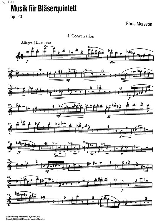 Music for wind quintet Op.20 - Flute