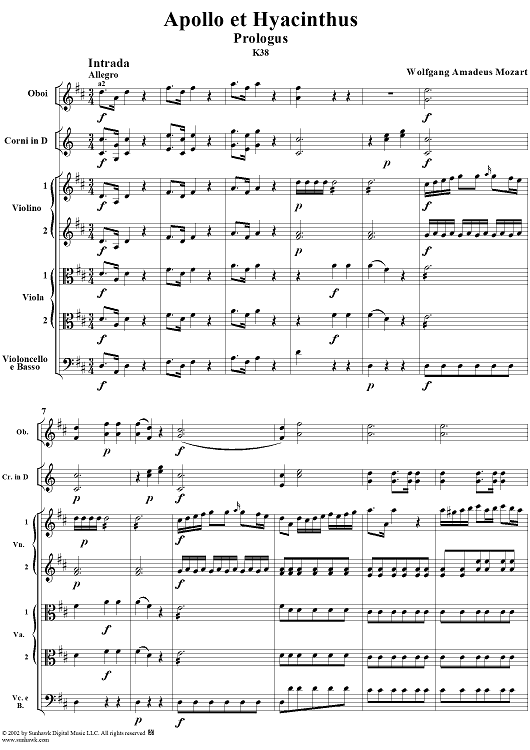 Intrada, from "Apollo et Hyacinthus", Prologus (K38) - Full Score