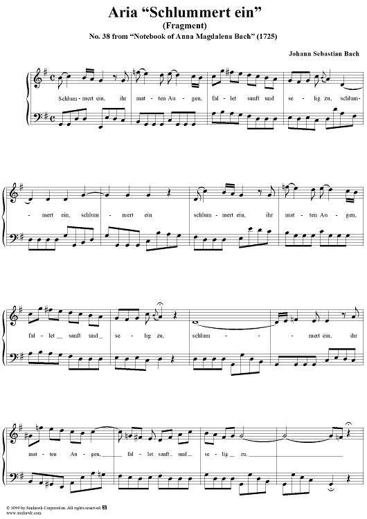 Aria "Schlummert ein" - No. 38  Fragment from "Notebook of Anna Magdalena Bach" (1725)