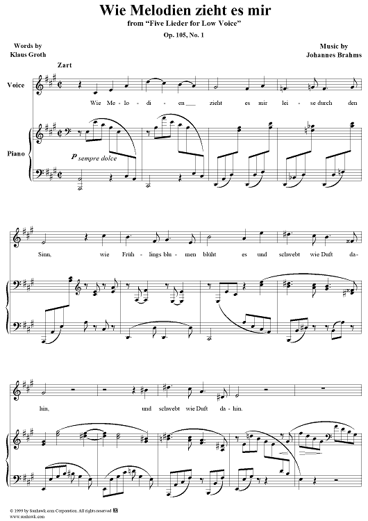 Five Lieder for Low Voice, Op. 105, No. 1, Wie Melodien zieht es mir