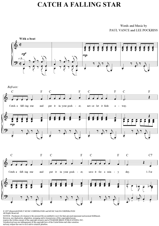Catch A Falling Star" Sheet Music by Perry Como for Piano/Vocal/Chords ...