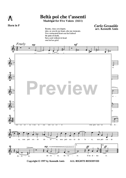 Belta poi che t'assenti - Horn in F