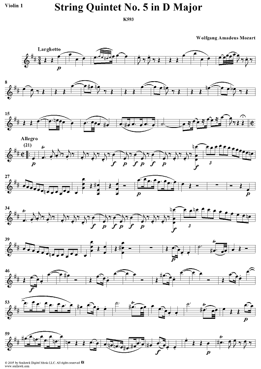 String Quintet No. 5 in D Major, K593 - Violin 1