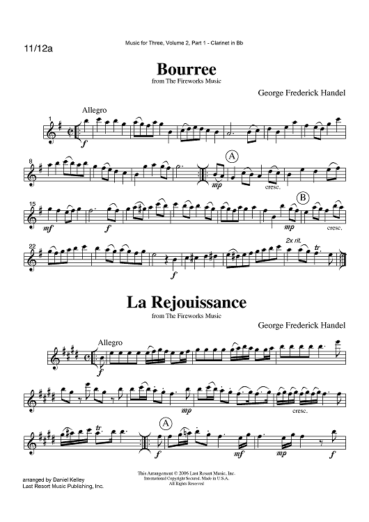 Bourree, La Rejouissance & Menuet from The Fireworks Music - Part 1 Clarinet in Bb