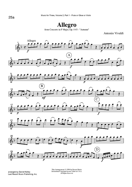 Allegro - from Concerto in F Major, Op. 8 #3 - "Autumn" - Part 1 Flute, Oboe or Violin